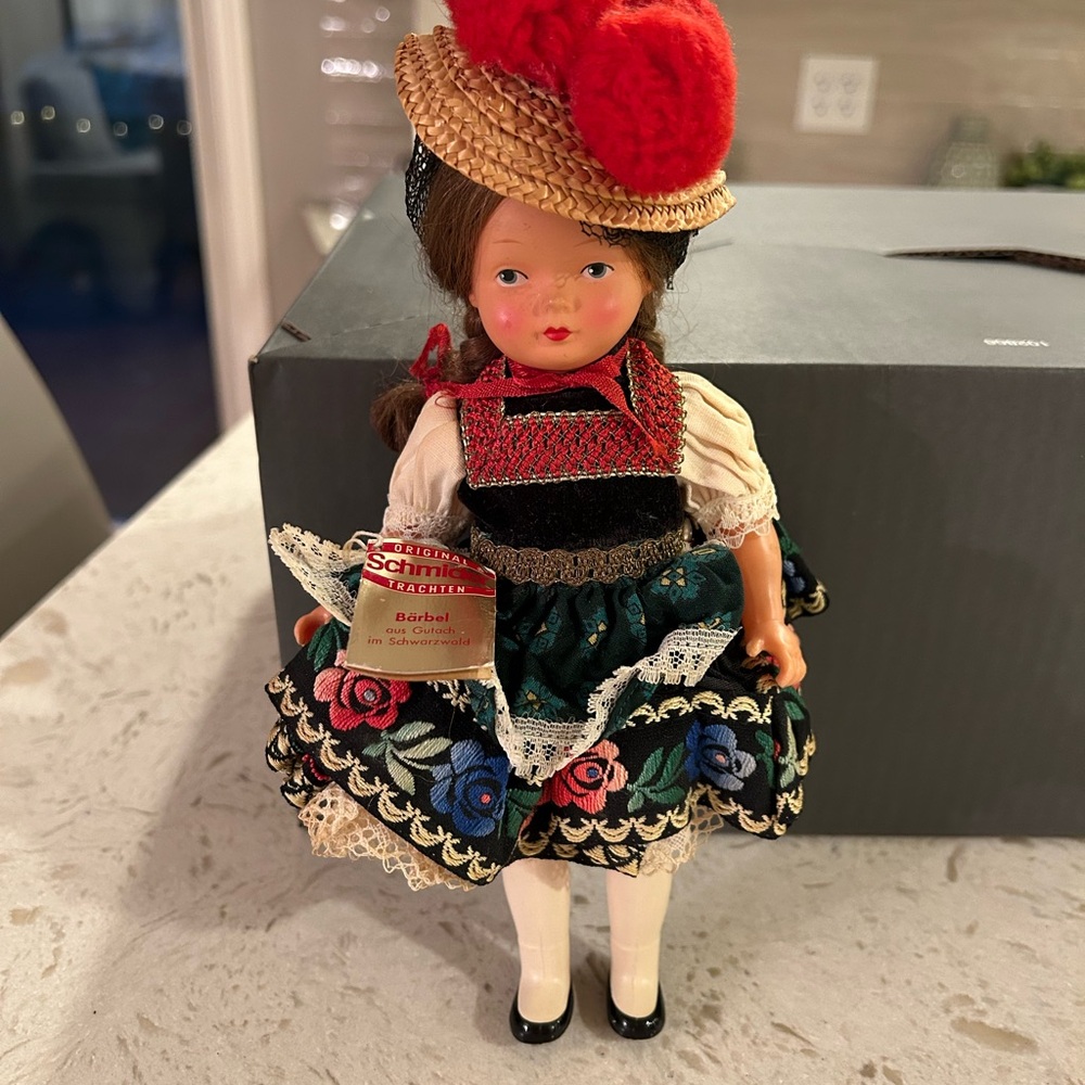 Vintage Schmider Trachten ‘Barbel’ Doll with Floral Dress and Straw Hat